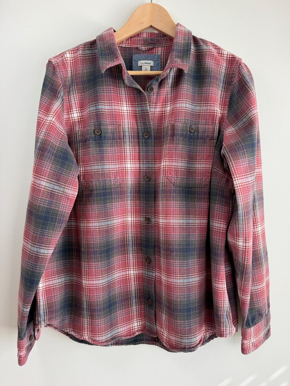 L.L. Bean Women's Flannel Shirt Pink Green  Red Plaid Cotton Button Down Large